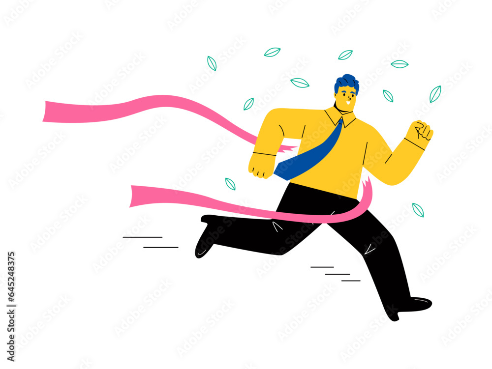 Fototapeta premium Finish. Business man tearing finish line tape. Flat vector illustration isolated on white background