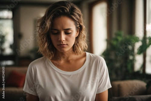 Woman with brown hair and white t-shirt is sad. She stands in the living room and is close to tears.