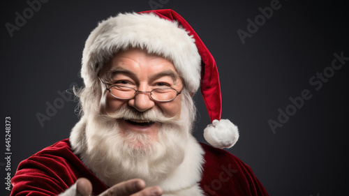 Photo of elderly cheerful beard Santa Claus over dark background in studio