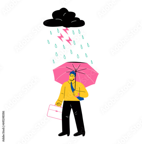 Protection. Business man with umbrella in storm. Concept business. Flat vector illustration isolated on white background