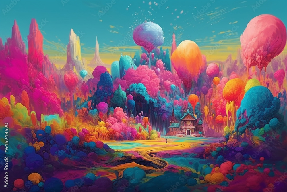 Fantasy Landscape with Fairy Tale Castle and Rainbow. Digital Illustration. generative ai