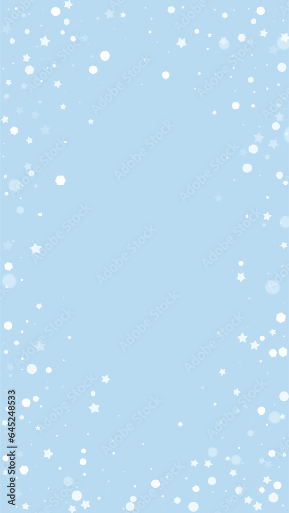 Falling snowflakes christmas background. Subtle flying snow flakes and stars on light blue winter backdrop. Beautifully falling snowflakes overlay. Vertical vector illustration. Falling snowflakes christmas background. Subtle flying snow flakes and stars on light blue winter backdrop. Beautifully falling snowflakes overlay. Vertical vector illustration.