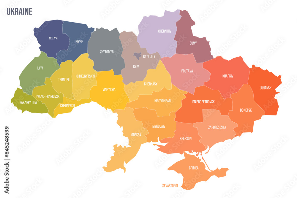 Ukraine political map of administrative divisions - regions, two cities with special status of Kyiv and Sevastopol, and autonomous republic of Crimea. Colorful spectrum political map with labels and