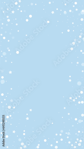 Fototapeta Naklejka Na Ścianę i Meble -  Falling snowflakes christmas background. Subtle flying snow flakes and stars on light blue winter backdrop. Beautifully falling snowflakes overlay. Vertical vector illustration.