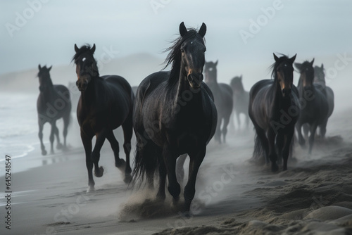 Horses on the beach in the mist at sunrise. generative ai © Graphicsstudio 5