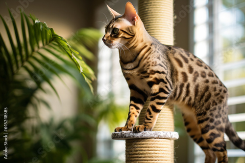 a cat standing on a scratching post in a room