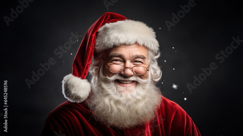 Happy cheerful Santa Claus smiling holding presents in hands looking at camera making wishes bringing Christmas atmosphere
