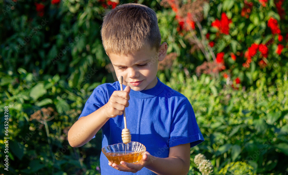 boy eats honey in nature, homemade honey. Selective focus boy eats honey in nature, homemade honey. Selective focus