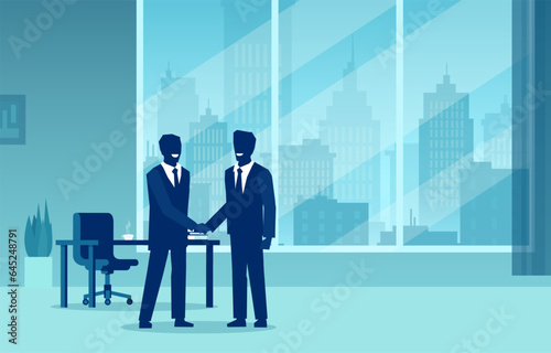 Vector of two business men shaking hands in a corporate office