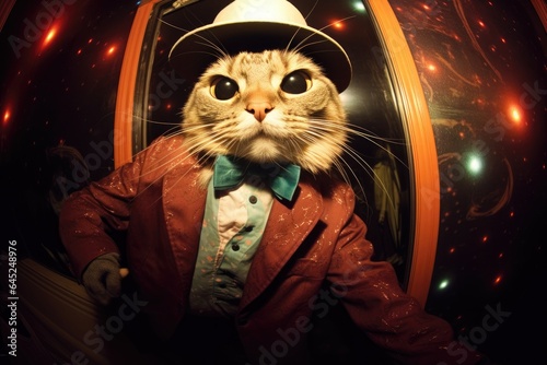 Cat in a suit in a night club.