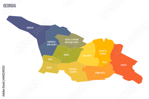 Georgia political map of administrative divisions - regions and autonomous republics of Abkhasia and Adjara. Colorful spectrum political map with labels and country name.