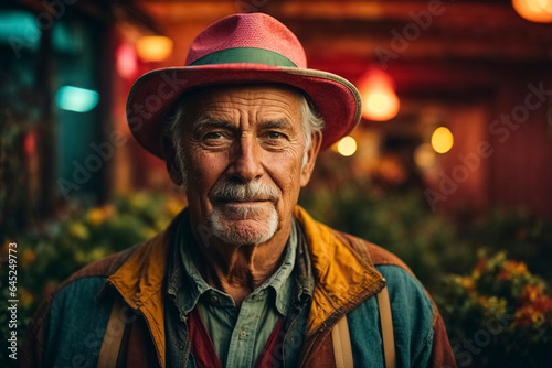 Vintage portrait of an old American farmer with gray hair and hat. © Melipo-Art