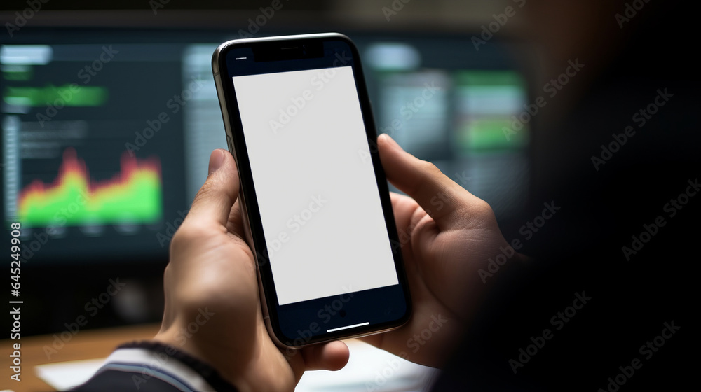 Businessman check cellphone. Blank screen for stock exchange data or design Businessman check cellphone. Blank screen for stock exchange data or design