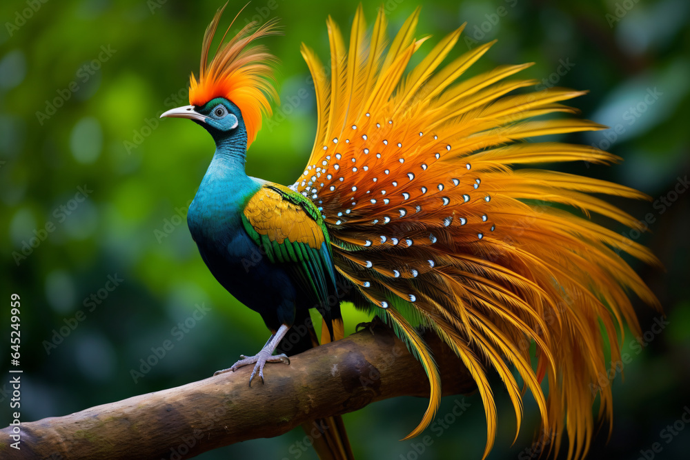 a colorful bird with a long tail sitting on a branch - obrazy, fototapety, plakaty 