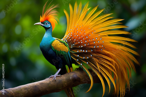 a colorful bird with a long tail sitting on a branch © illustrativeinfinity