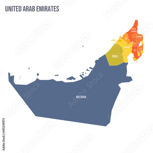 United Arab Emirates political map of administrative divisions - emirates. Colorful spectrum political map with labels and country name.
