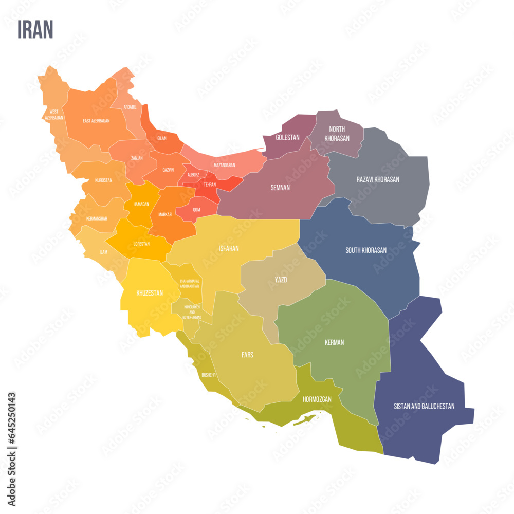 Fototapeta Iran political map of administrative divisions - provinces. Colorful spectrum political map with labels and country name.