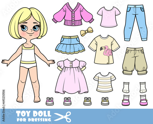 Cartoon blond girl with short bob and clothes separately -   pink long sleeve, breeches, sandals, jacket, dress, jeans and sneakers