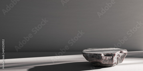 product presentation. empty natural stone, slab. dark grey background and shadow from window. Luxury slab stone, product placement podium. 3d rendering