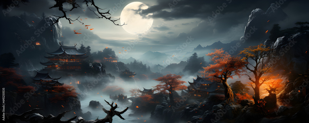 paysage de village chinois traditionnel dans les montagnes et la brume, de nuit, pleine lune - obrazy, fototapety, plakaty 