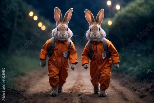 Two human-like rabbits in orange jumpsuit run on two legs across a dirt road © Melipo-Art