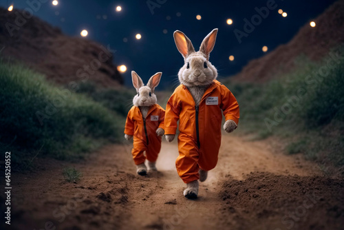Two human-like rabbits in orange jumpsuit run on two legs across a dirt road © Melipo-Art