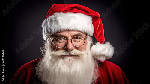 Portrait of happy cheerful Santa Claus wearing glasses wize sight looing directly at camera standing over black background in studio