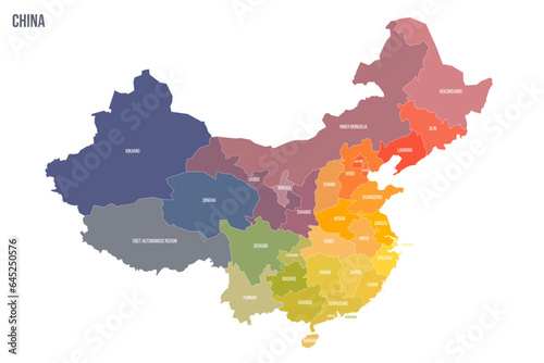 China political map of administrative divisions - provinces, autonomous regions and municipalities. Colorful spectrum political map with labels and country name.