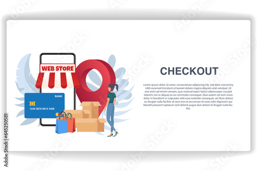 A woman walked towards the store. website page Checkout. Modern flat design concept of web page design for website and mobile website