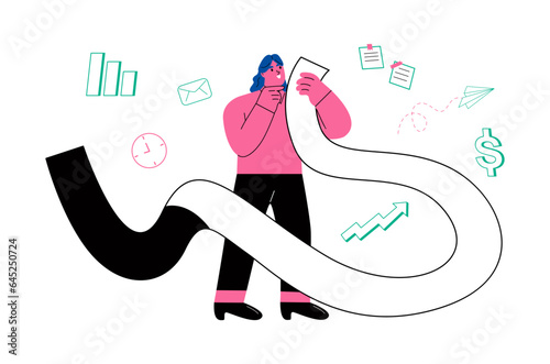 Business woman holding long paper with to do list the element. Flat vector illustration isolated on white background