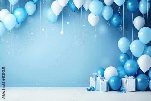 cozy room decorated with blue balloons copy space