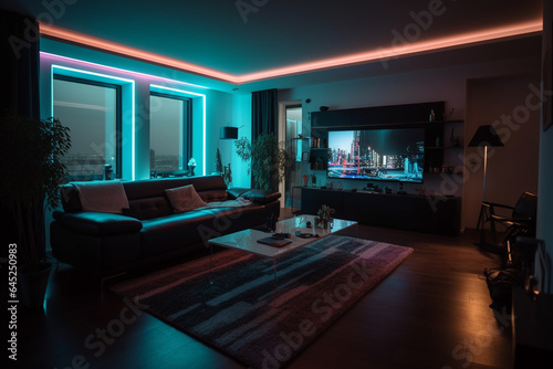 Interior of modern living room at night. 3D rendering. neon lights generative ai © Graphicsstudio 5