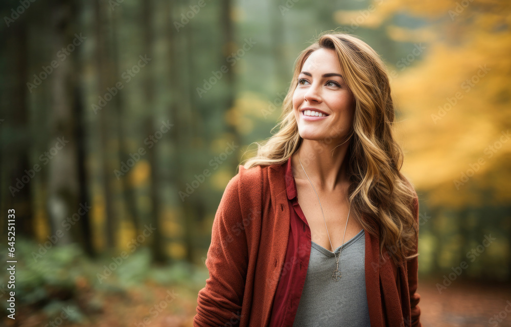Portrait in the forest of a pleased 30 years old woman. Joyful woman in an  outdoor fall scenery having fun at the autumn season. 