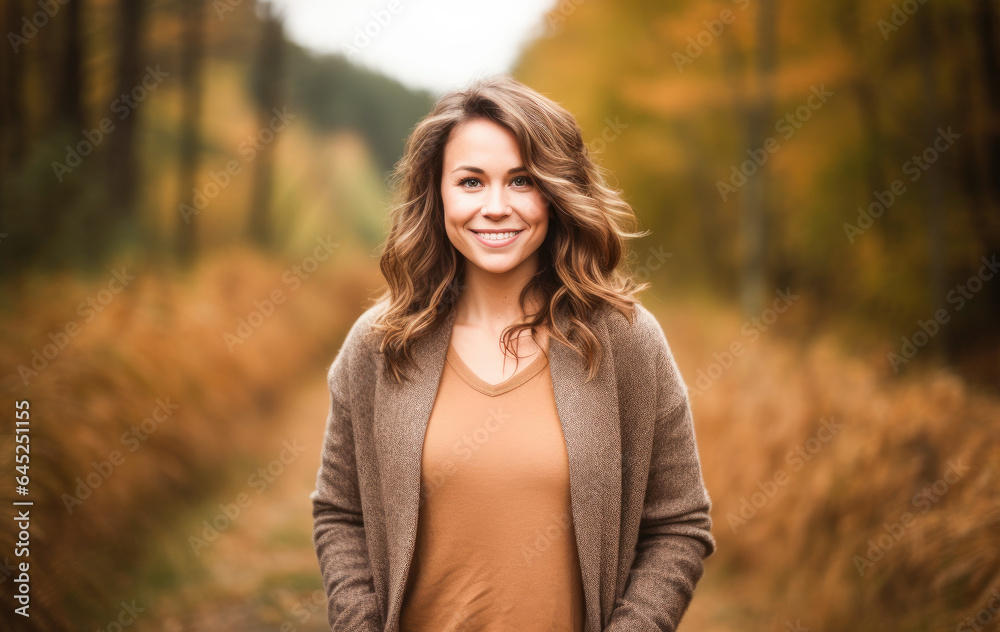 Portrait in the forest of a pleased 30 years old woman. Joyful woman in an outdoor fall scenery having fun at the autumn season. Portrait in the forest of a pleased 30 years old woman. Joyful woman in an outdoor fall scenery having fun at the autumn season.