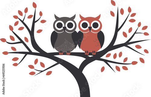 two owls sitting on the tree vector illustration on isolated background, two owls sitting on the tree for sticker and wall art