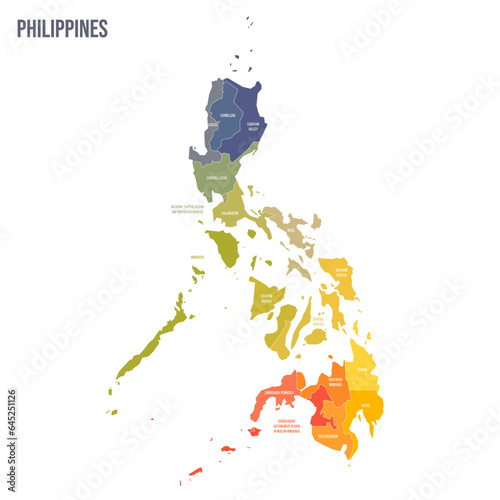 Philippines political map of administrative divisions - regions. Colorful spectrum political map with labels and country name.