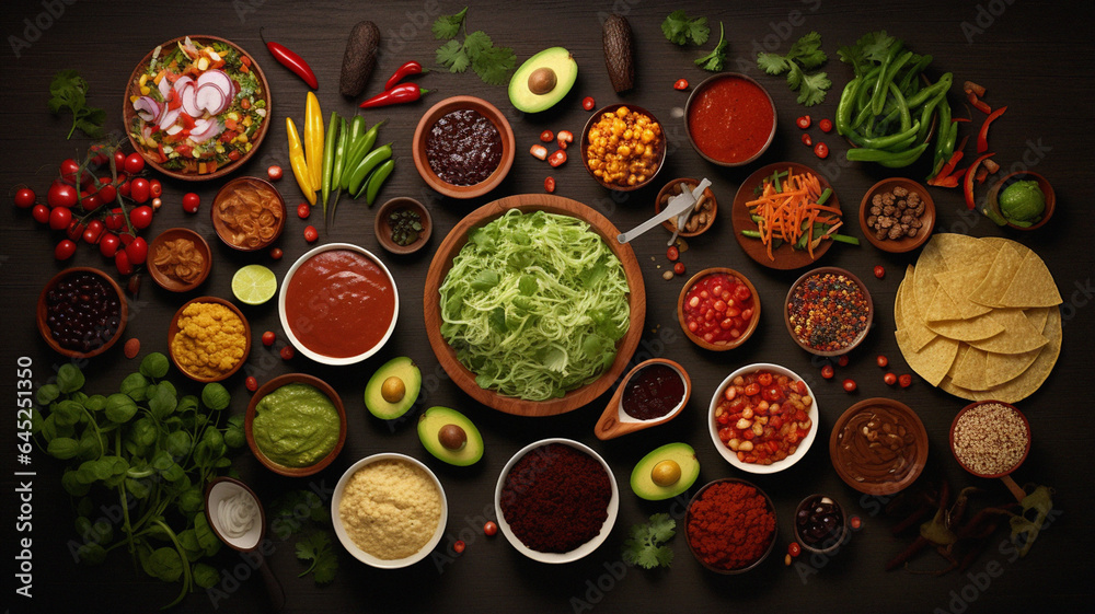 Highly Detailed Top-Down View of Vibrantly Colored Mexican Foods