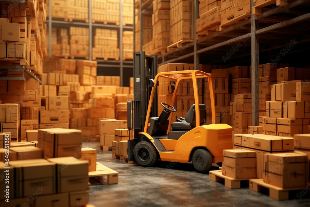 Sorting boxes with a forklift in a warehouse. Generative AI