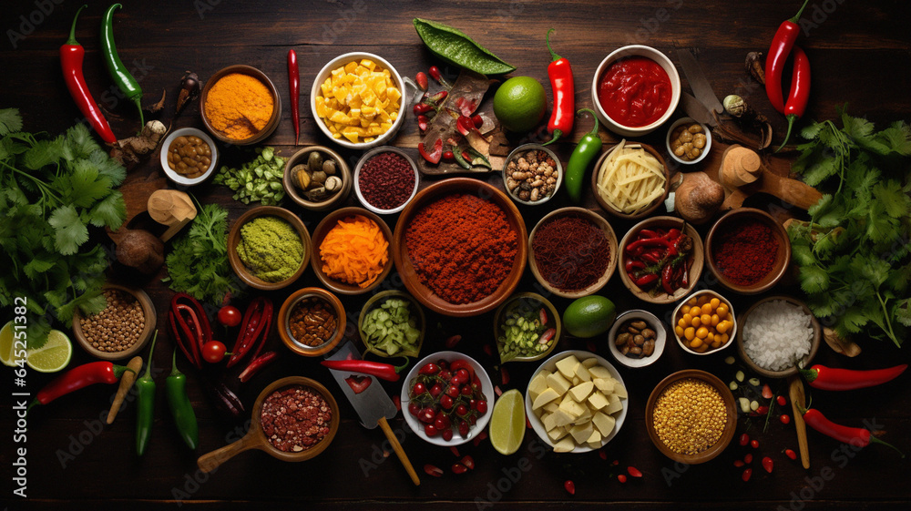 Highly Detailed Top-Down View of Vibrantly Colored Mexican Foods