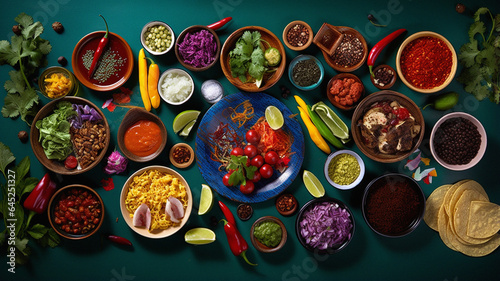 Highly Detailed Top-Down View of Vibrantly Colored Mexican Foods