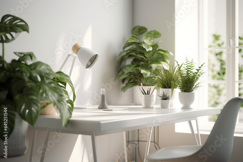 Interior of modern room with green plants and table. Home decor generative ai