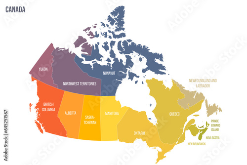 Canada political map of administrative divisions - provinces and territories. Colorful spectrum political map with labels and country name.