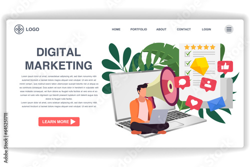 A man is looking at a laptop. website page Digital Marketing. Modern flat design concept of web page design for website and mobile website © Goat_Team