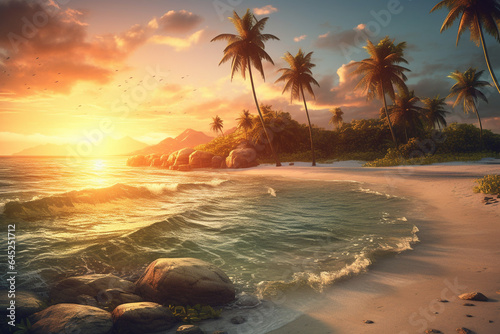 Tropical beach with palm trees at sunrise, Seychelles generative ai