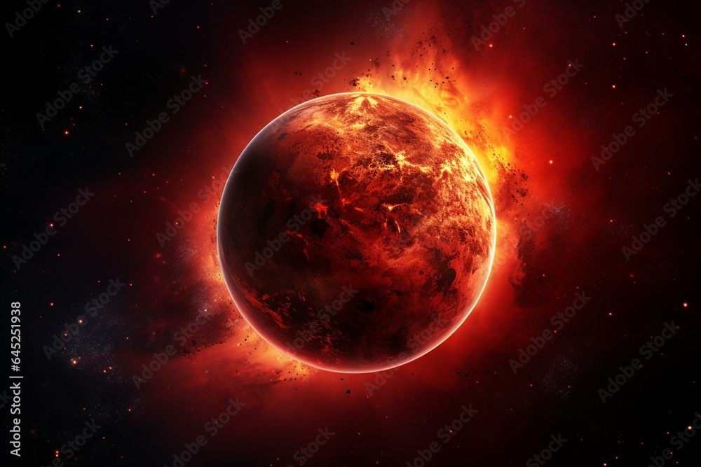 Illustration of a scarred and crimson planet Mars in a sky scene with stars, planets, and comets, adding an embellishment to your layout. Generative AI