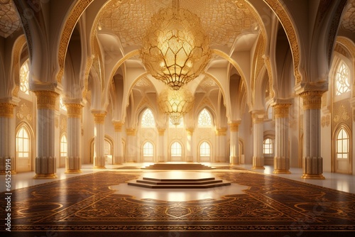 Interior design with Islamic mosque and palace having golden decor. Generative AI