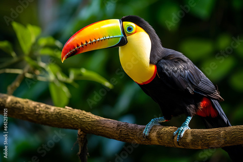 a colorful bird sitting on a branch in a forest