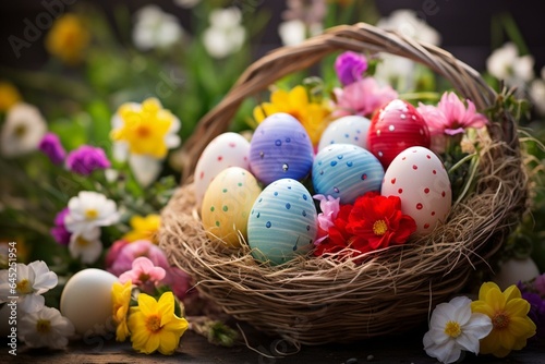 Basket of colorful eggs among blooming flowers. Generative AI photo