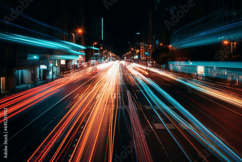 Night traffic in the city. Motion blur of cars on the road generative ai