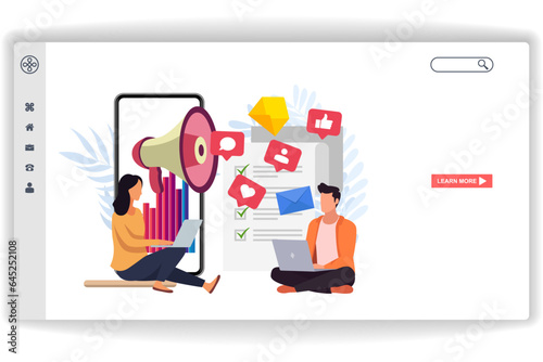 Men and women sitting looking at laptops. website page Mobile Marketing. Modern flat design concept of web page design for website and mobile website